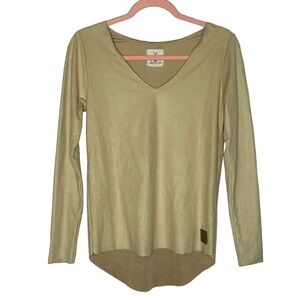 Tribe Kelley Faux Suede Tan Long Sleeve High Low V-Neck Top